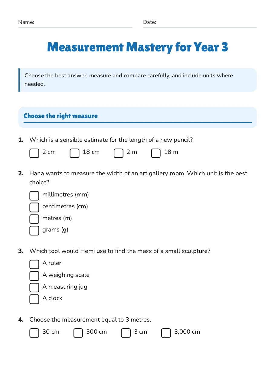 Measurement Mastery for Year 3, page 1 of 3: Choose the right measure