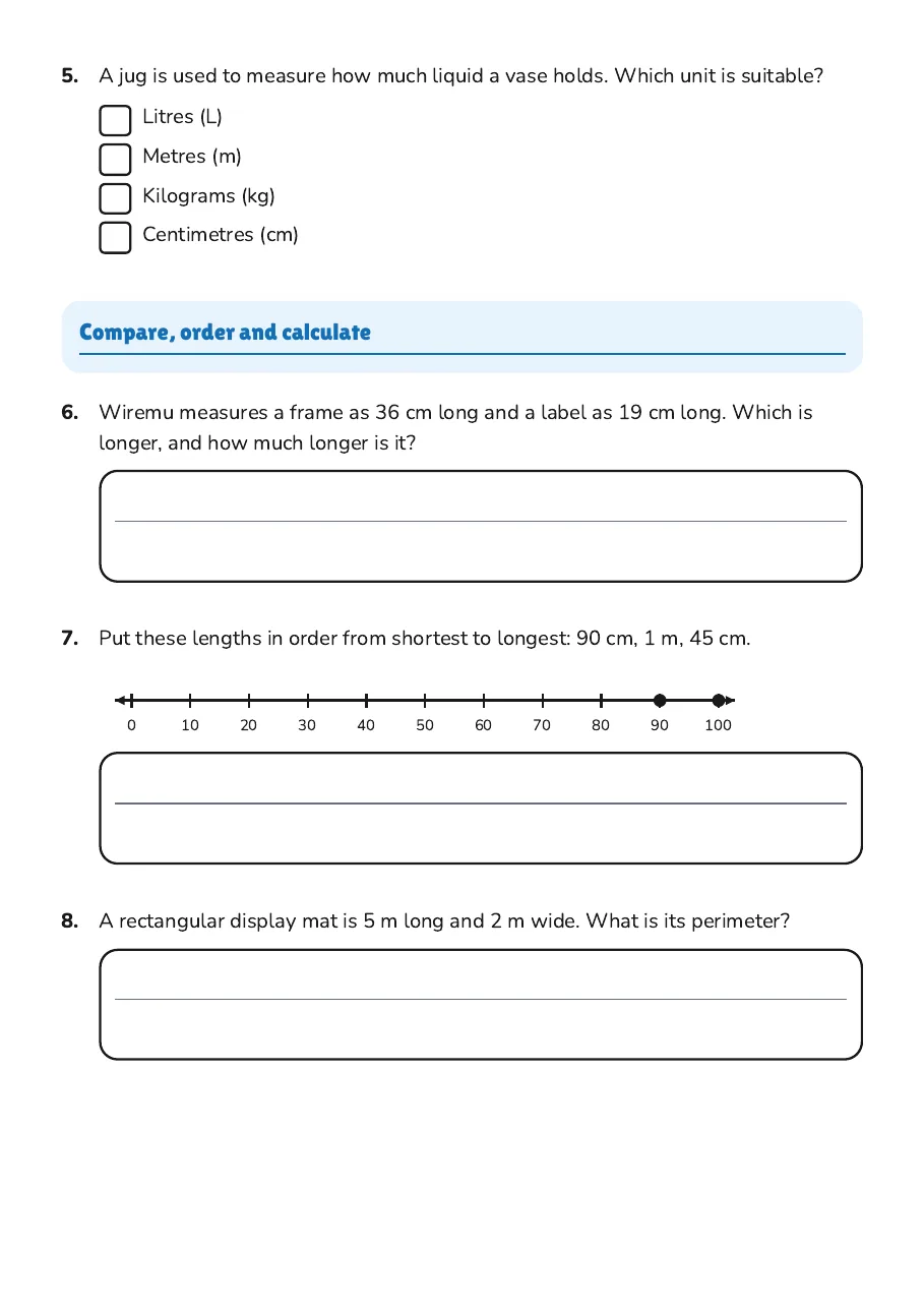 Measurement Mastery for Year 3, page 2 of 3: Compare, order and calculate