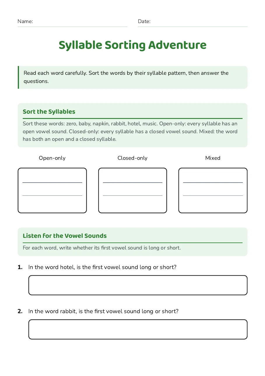 Syllable Sorting Adventure, page 1 of 3: Sort the Syllables, Listen for the Vowel Sounds
