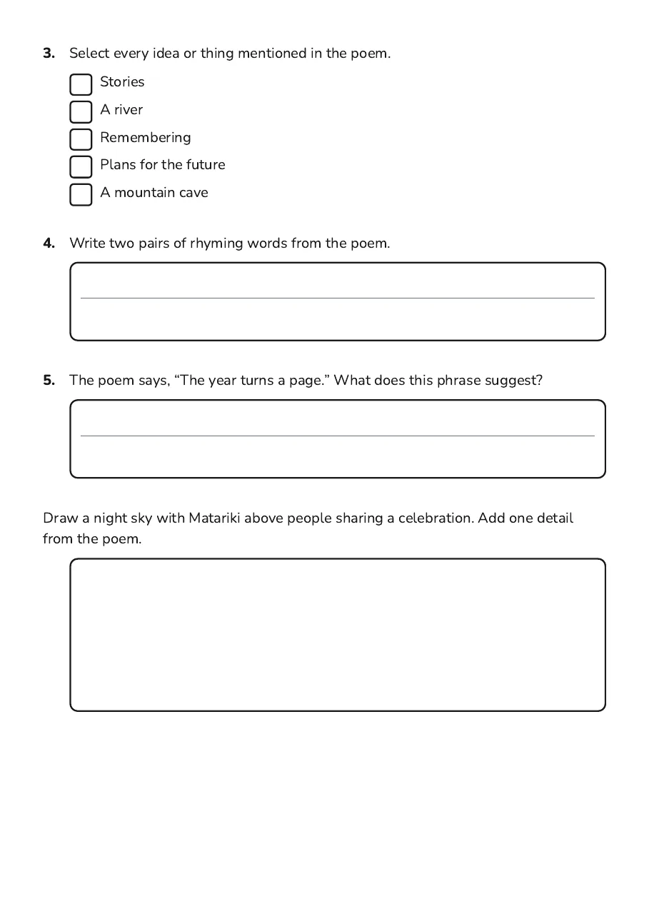 Matariki Choral Poem, page 2 of 3: 3. Select every idea or thing mentioned in the poem.