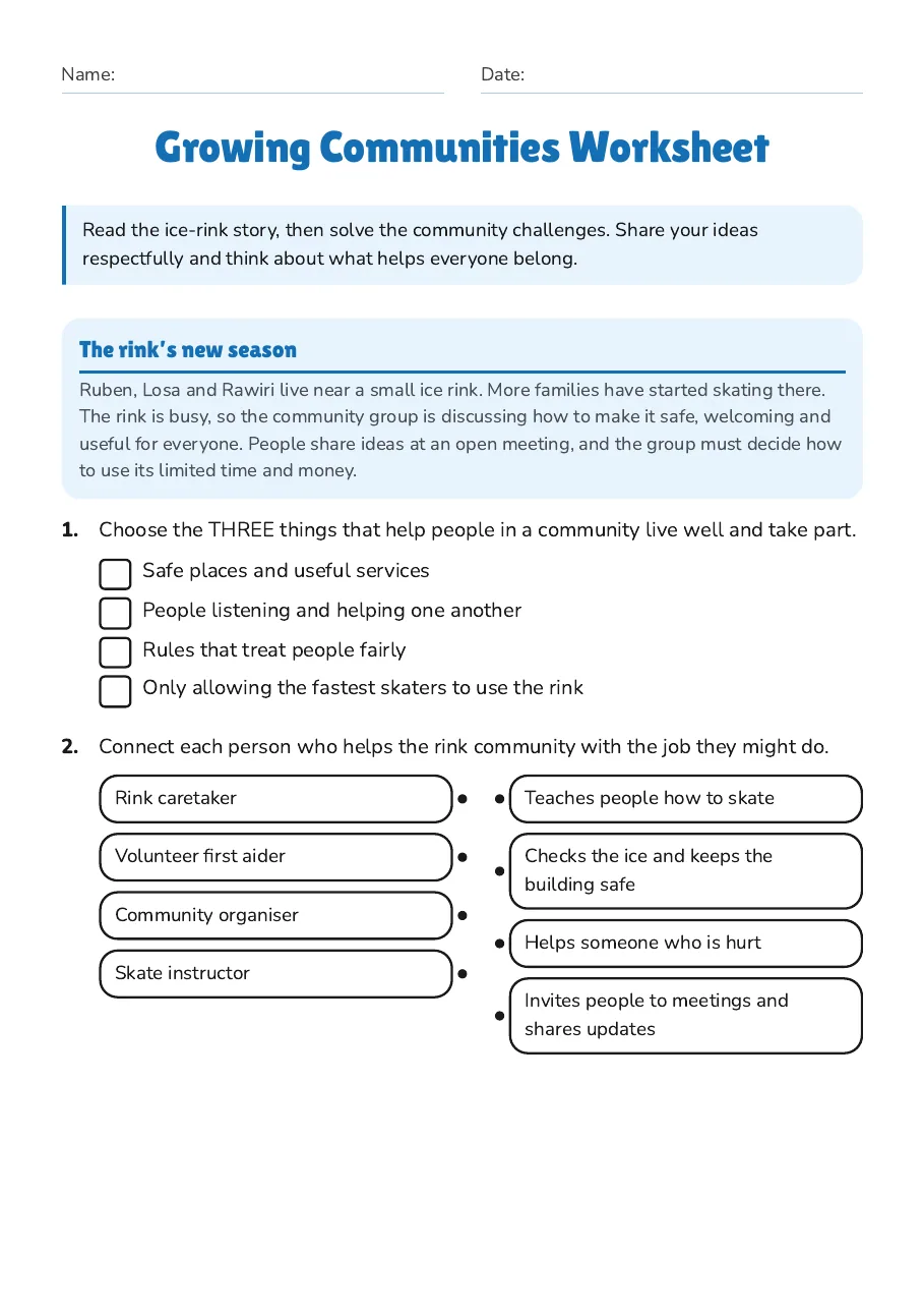 Growing Communities Worksheet, page 1 of 3: The rink’s new season