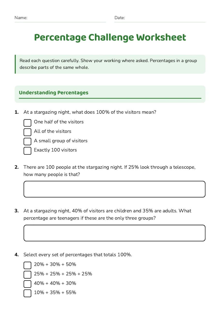 Percentage Challenge Worksheet, page 1 of 3: Understanding Percentages