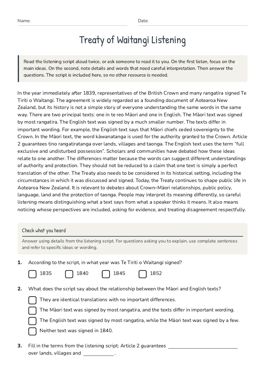 Treaty of Waitangi Listening, page 1 of 3: Check what you heard
