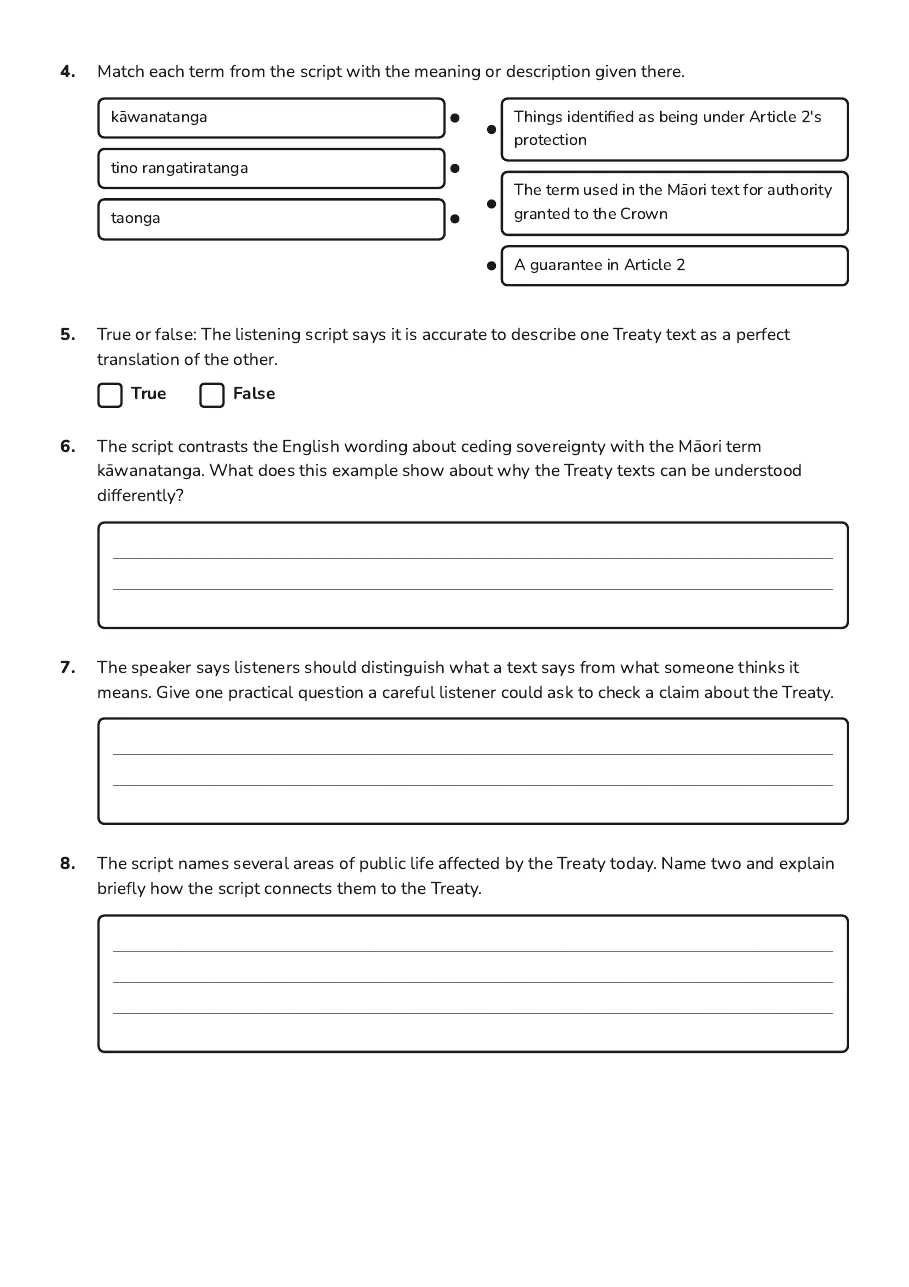 Treaty of Waitangi Listening, page 2 of 3: 4. Match each term from the script with the meaning or description given there.