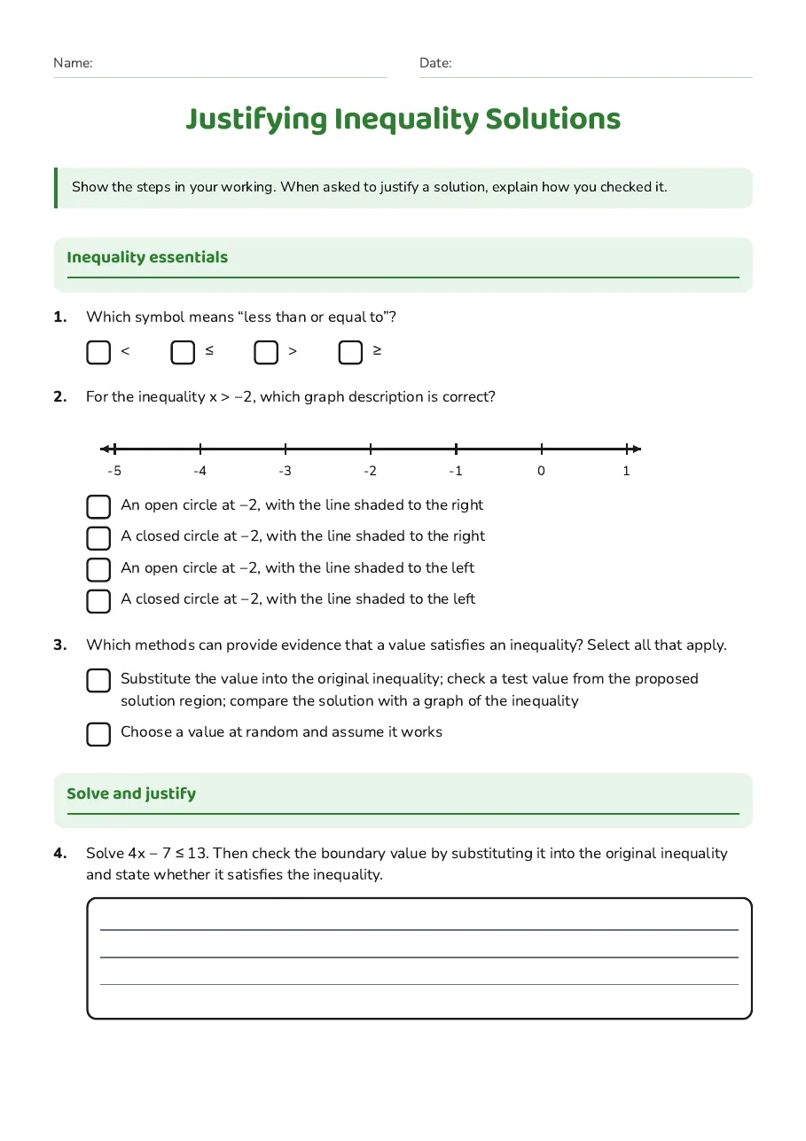 Year 10 inequality symbols, number-line graphs and methods for checking solutions.