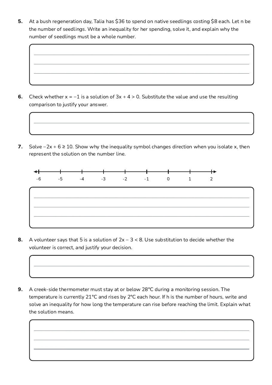 Worked inequality problems about seedling costs, solution checks, and a temperature limit.
