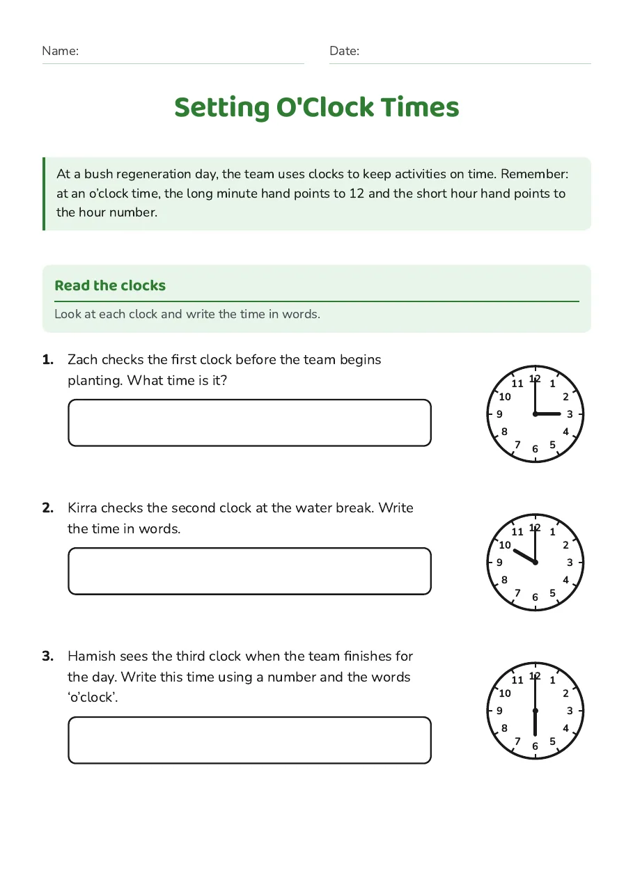 Setting O'Clock Times, page 1 of 3: Read the clocks