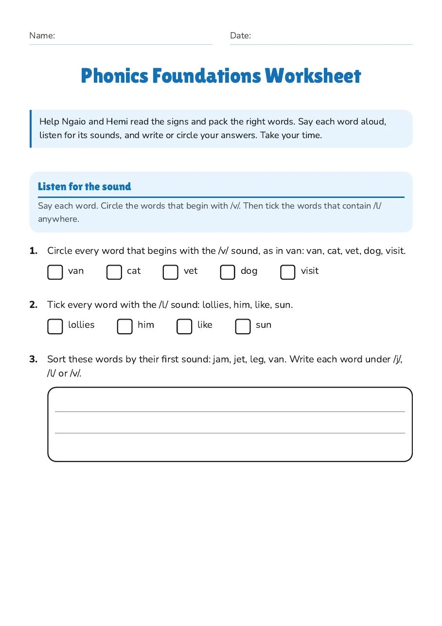 Phonics Foundations Worksheet, page 1 of 3: Listen for the sound