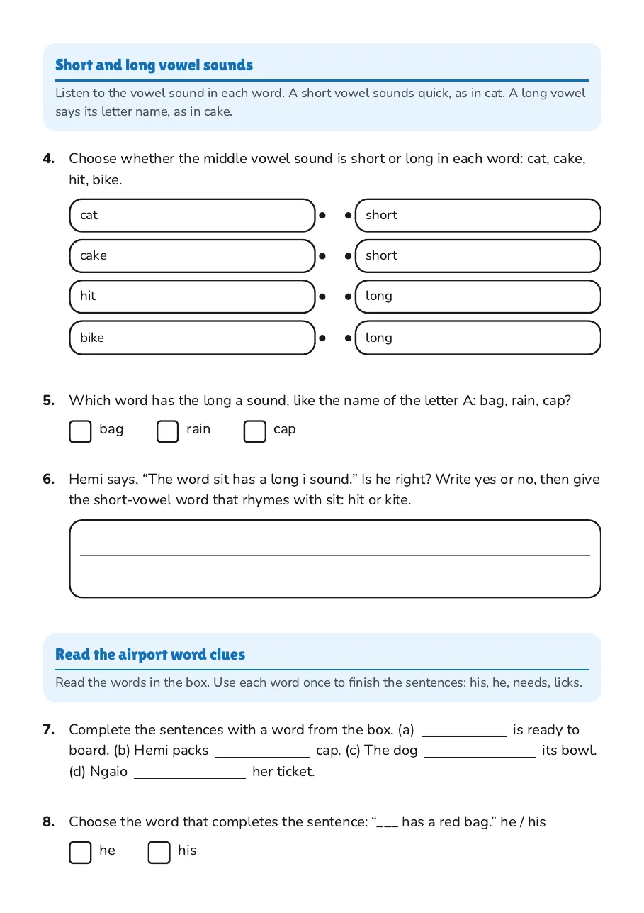 Phonics Foundations Worksheet, page 2 of 3: Short and long vowel sounds, Read the airport word clues