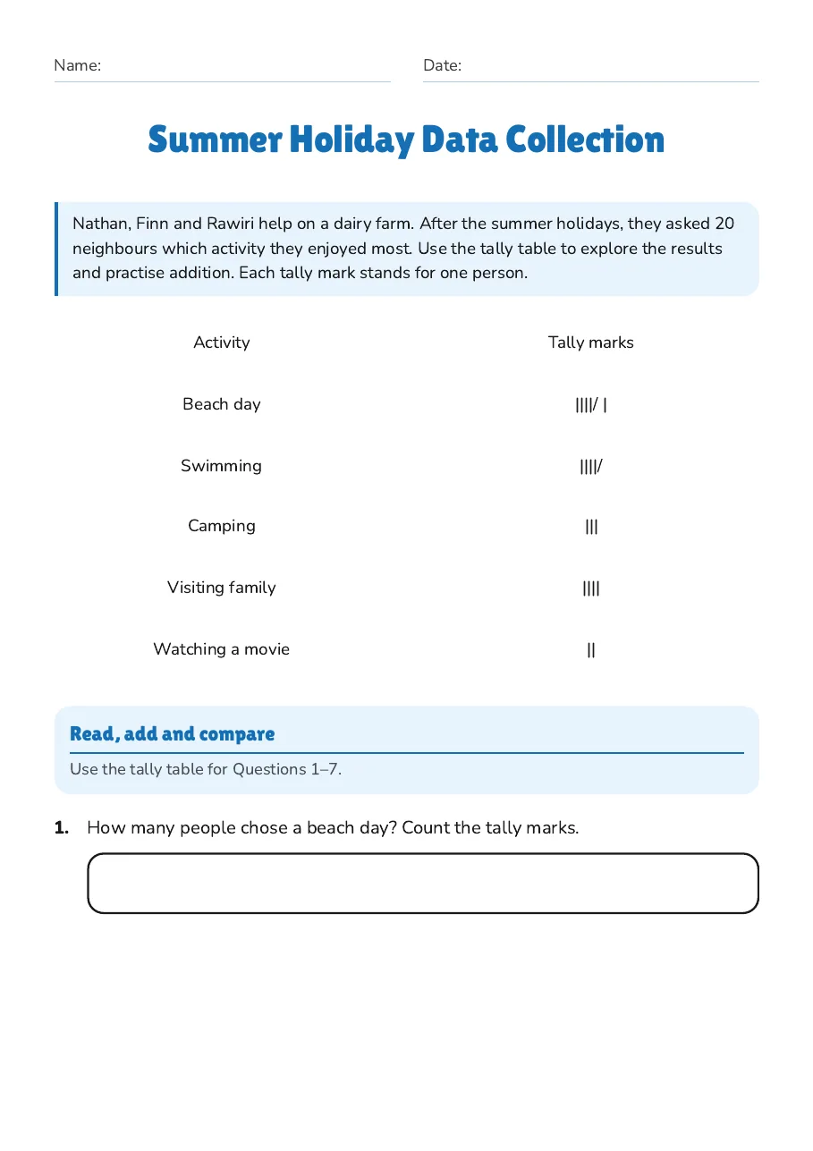 Summer Holiday Data Collection, page 1 of 3: Read, add and compare