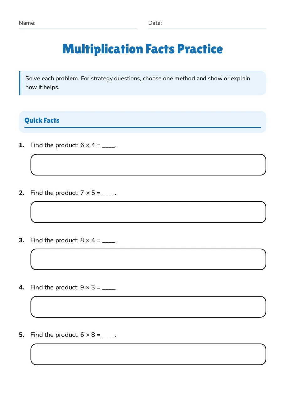 Multiplication Facts Practice, page 1 of 3: Quick Facts