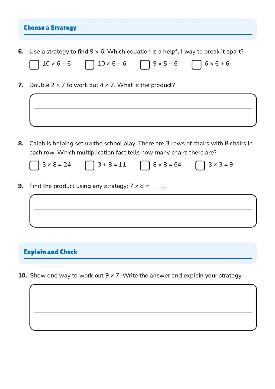 Multiplication Facts Practice, page 2 of 3: Choose a Strategy, Explain and Check