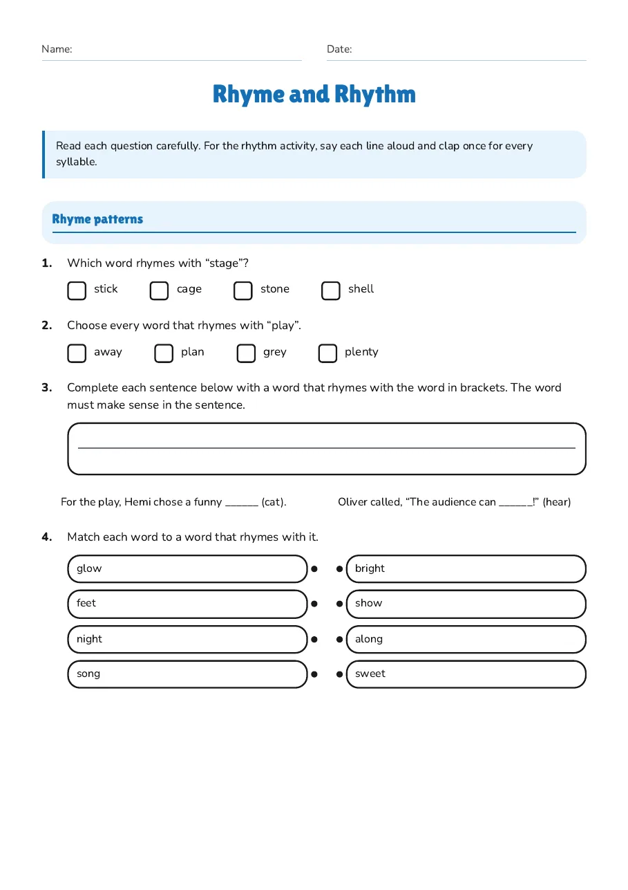 Rhyme matching and syllable-clapping activities with a school-play poetry theme.