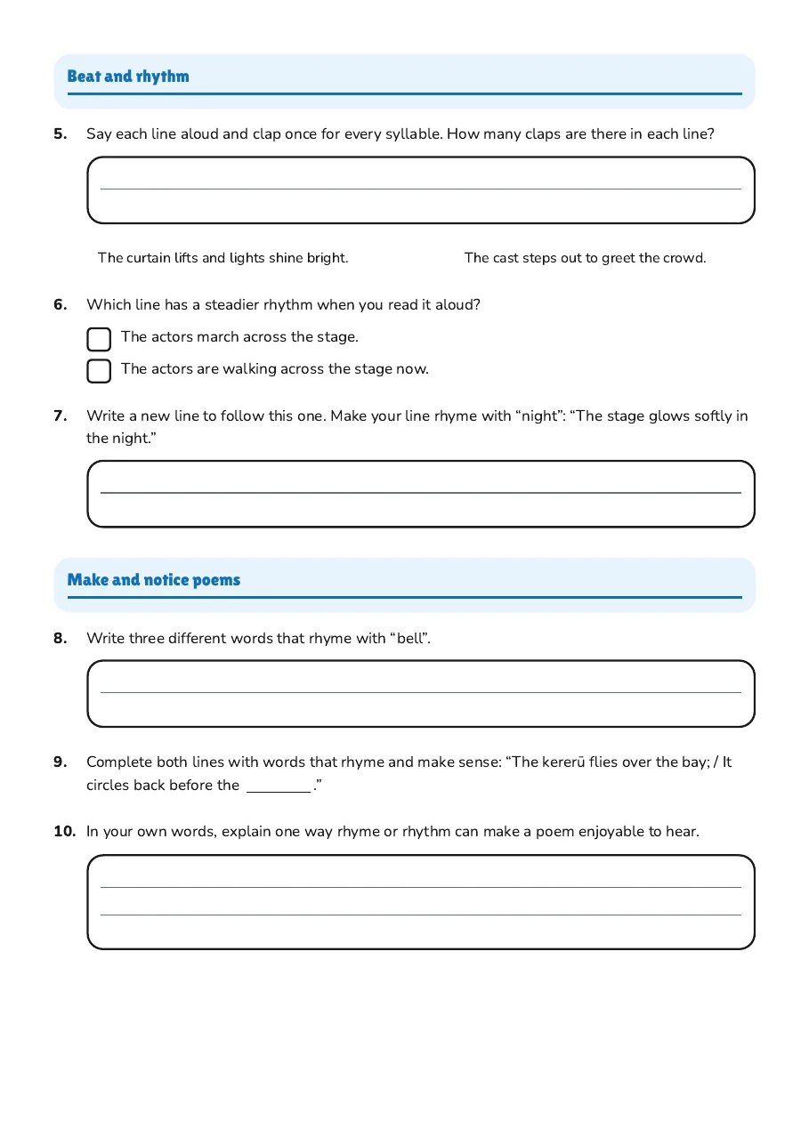 Create rhyming lines, find rhymes for bell, and complete a poem about a kererū.