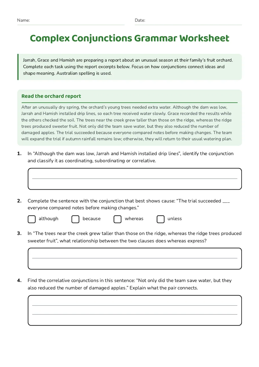 Complex Conjunctions Grammar Worksheet, page 1 of 2: Read the orchard report