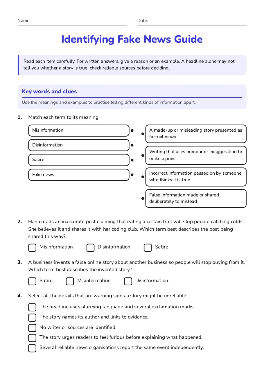 Identifying Fake News Guide, page 1 of 3: Key words and clues