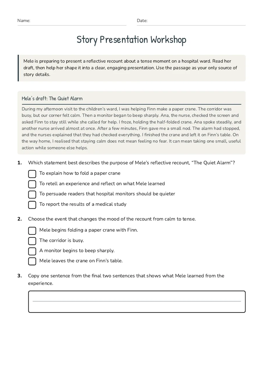 Story Presentation Workshop, page 1 of 3: Mele’s draft: The Quiet Alarm