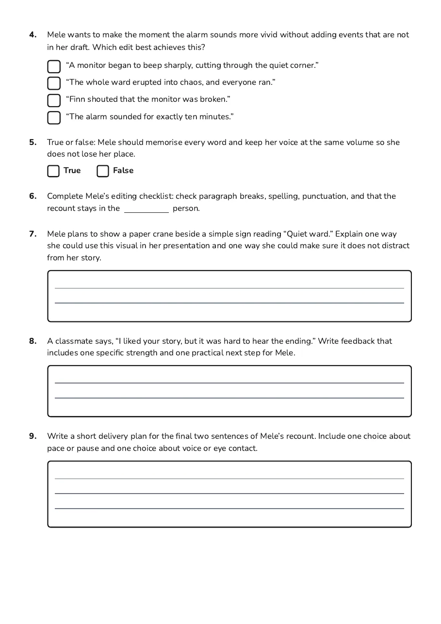Story Presentation Workshop, page 2 of 3: 4. Mele wants to make the moment the alarm sounds more vivid without adding events that…