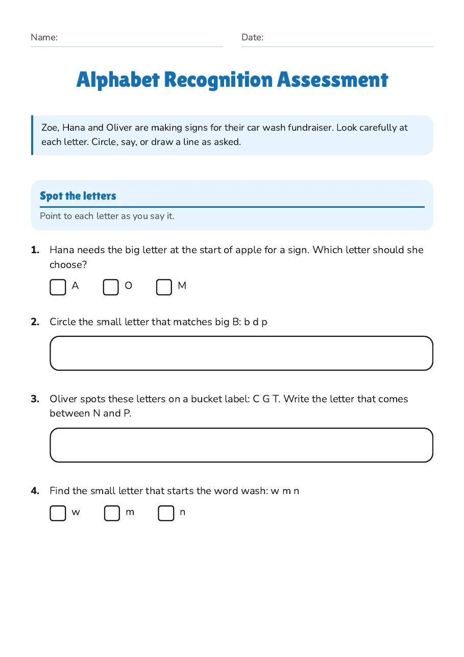 Alphabet Recognition Assessment, page 1 of 2: Spot the letters