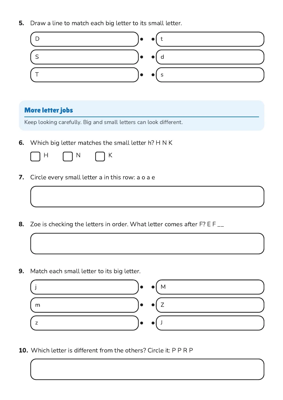 Alphabet Recognition Assessment, page 2 of 2: More letter jobs