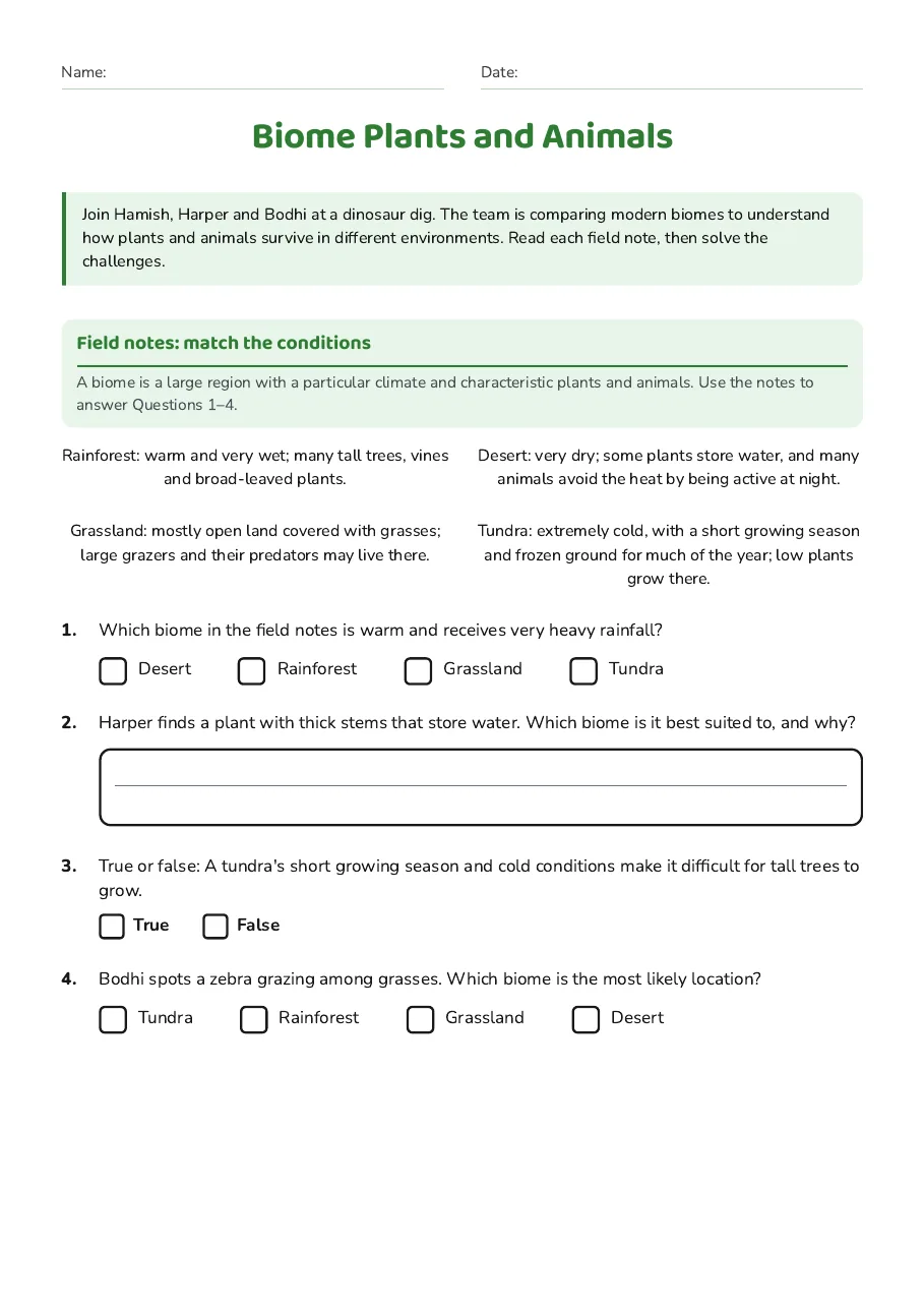 Biome Plants and Animals, page 1 of 2: Field notes: match the conditions
