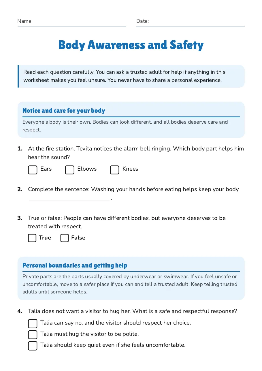 Body Awareness and Safety, page 1 of 2: Notice and care for your body, Personal boundaries and getting help
