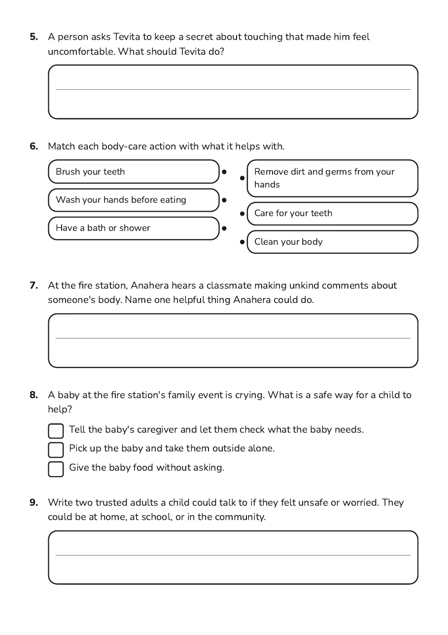 Body Awareness and Safety, page 2 of 2: 5. A person asks Tevita to keep a secret about touching that made him feel
