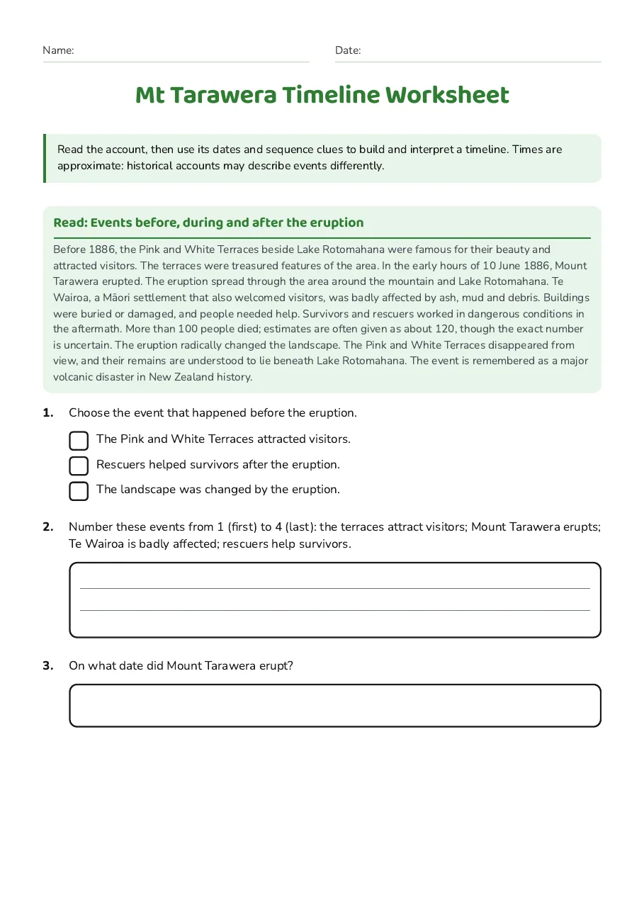 Mt Tarawera Timeline Worksheet, page 1 of 3: Read: Events before, during and after the eruption