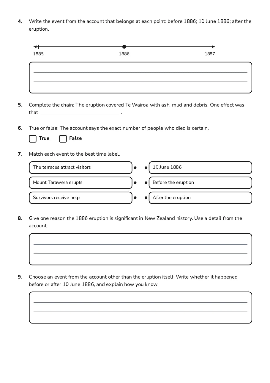 Mt Tarawera Timeline Worksheet, page 2 of 3: 4. Write the event from the account that belongs at each point: before 1886; 10 June…