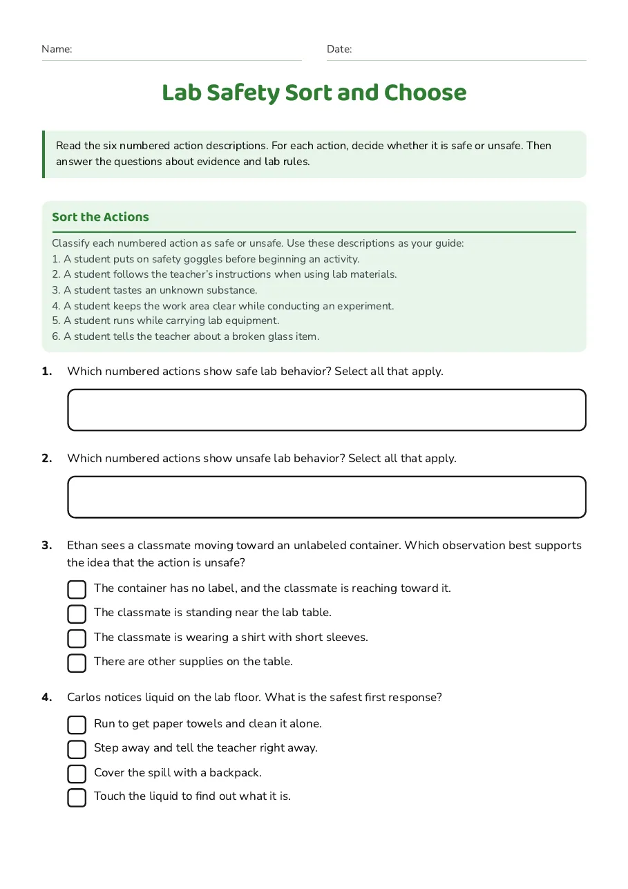 Lab Safety Sort and Choose, page 1 of 2: Sort the Actions