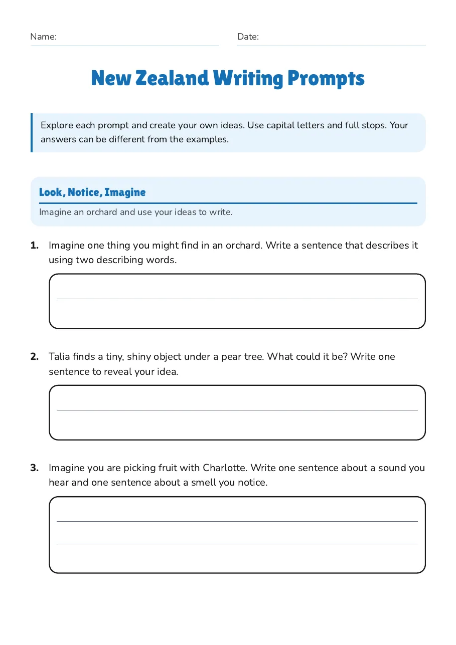New Zealand Writing Prompts, page 1 of 3: Look, Notice, Imagine