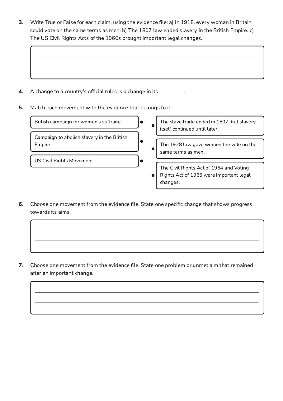Evaluating Movement Success Worksheet, page 2 of 3: 3. Write True or False for each claim, using the evidence file: a) In 1918, every woman…
