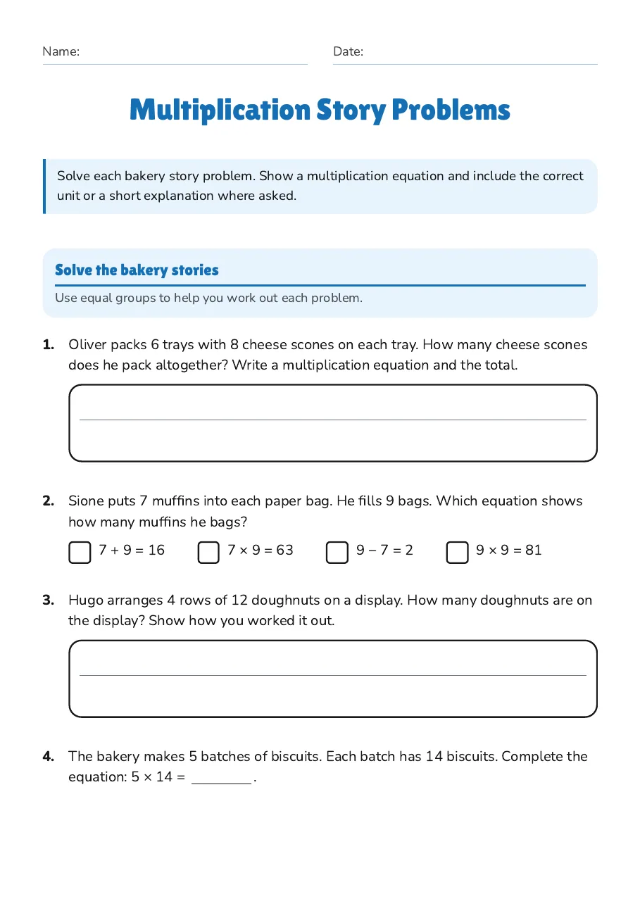 Multiplication Story Problems, page 1 of 3: Solve the bakery stories