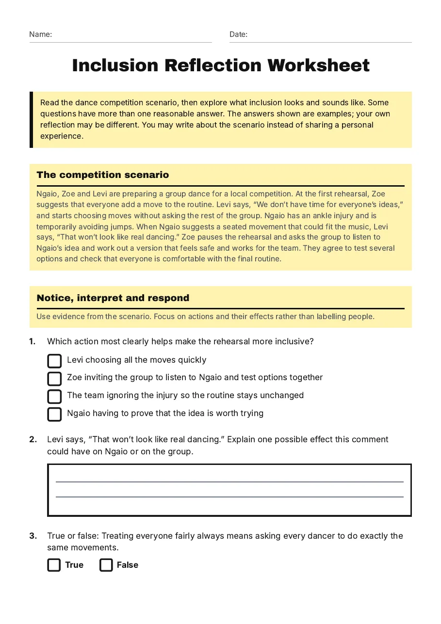 Inclusion Reflection Worksheet, page 1 of 3: The competition scenario, Notice, interpret and respond