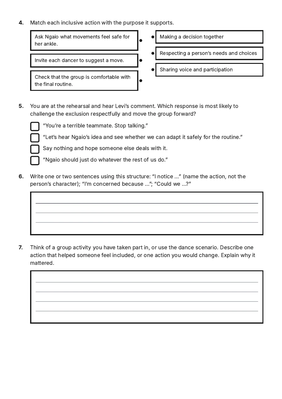 Inclusion Reflection Worksheet, page 2 of 3: 4. Match each inclusive action with the purpose it supports.