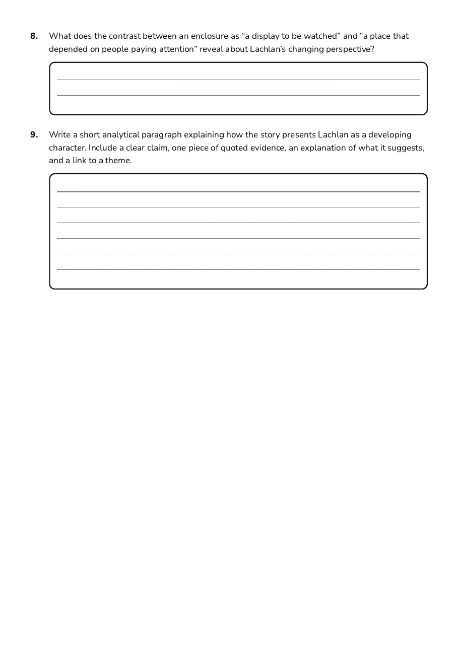 Character Analysis Toolkit, page 3 of 3: 8. What does the contrast between an enclosure as “a display to be watched” and “a place…