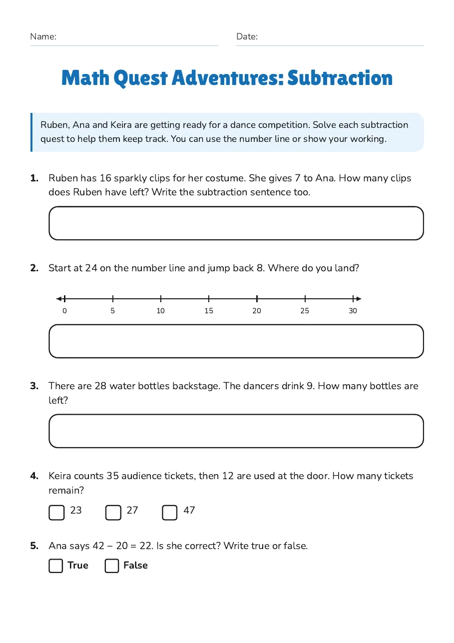 Math Quest Adventures: Subtraction, page 1 of 2: Ruben, Ana and Keira are getting ready for a dance competition. Solve each subtraction