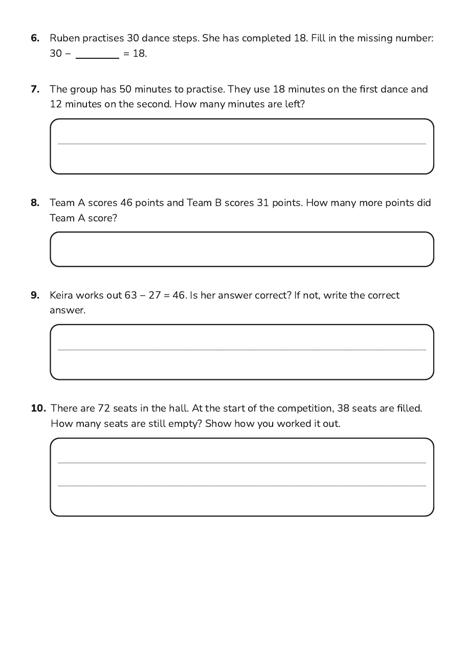 Math Quest Adventures: Subtraction, page 2 of 2: 6. Ruben practises 30 dance steps. She has completed 18. Fill in the missing number:
