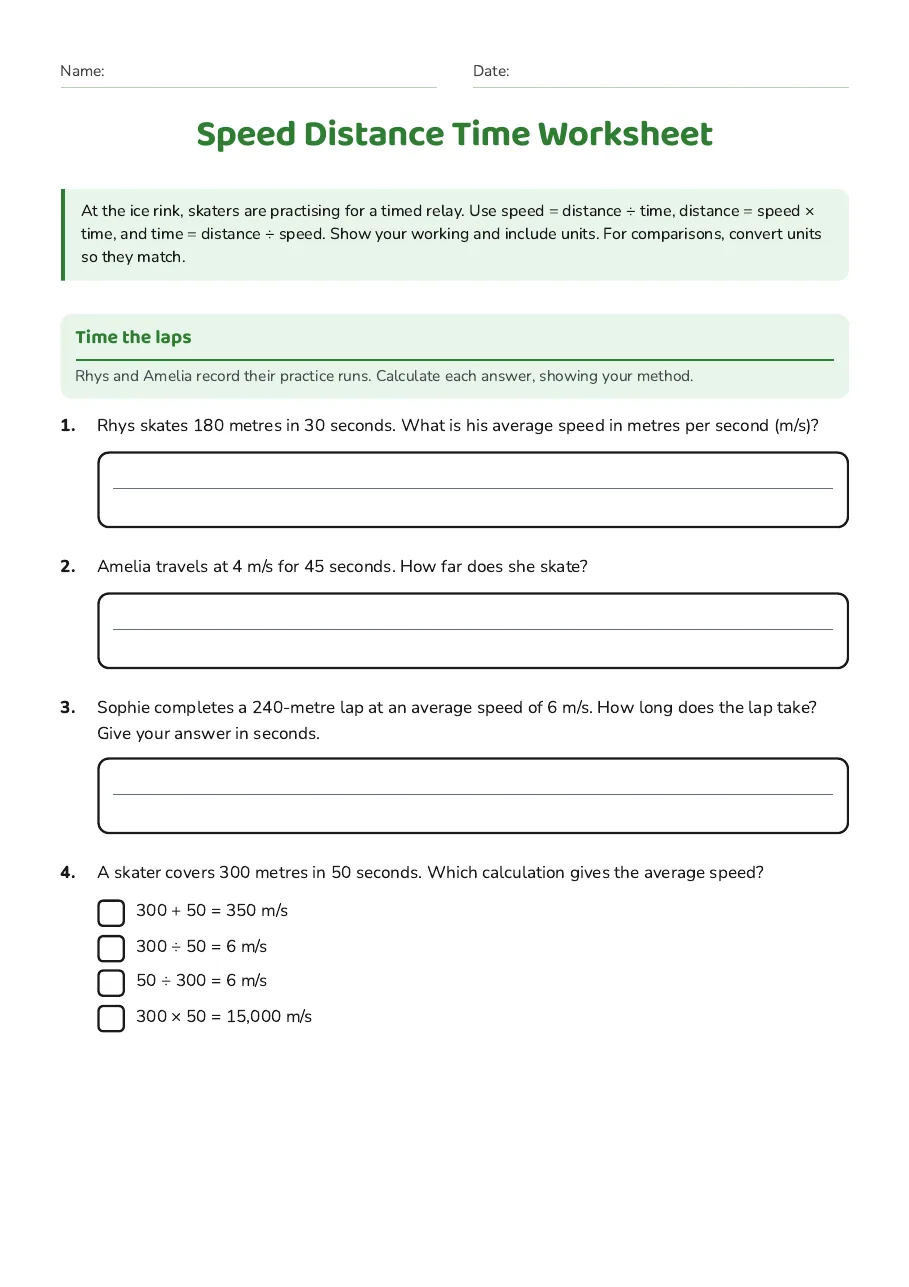 Speed Distance Time Worksheet, page 1 of 3: Time the laps