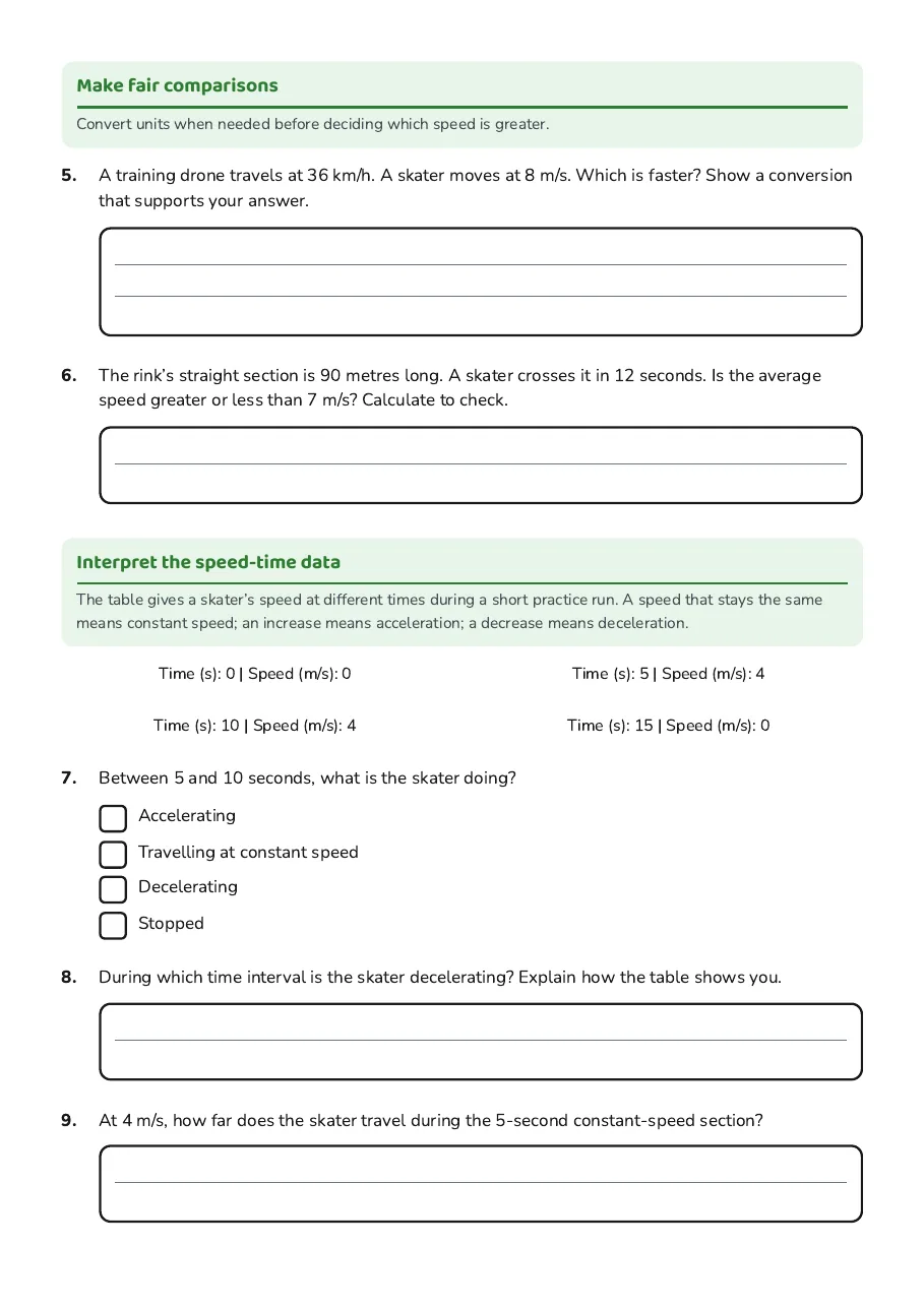 Speed Distance Time Worksheet, page 2 of 3: Make fair comparisons, Interpret the speed-time data