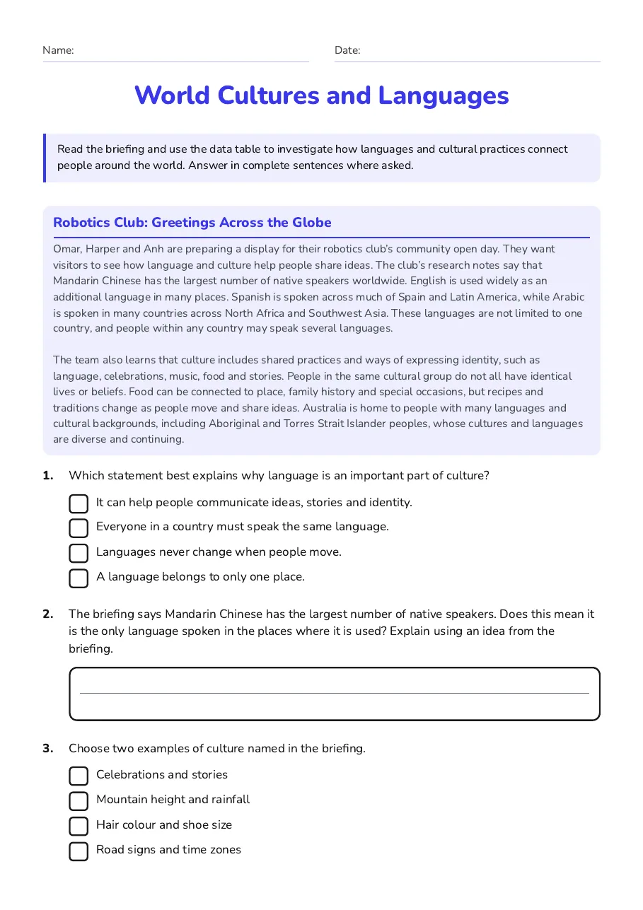 World Cultures and Languages, page 1 of 3: Robotics Club: Greetings Across the Globe
