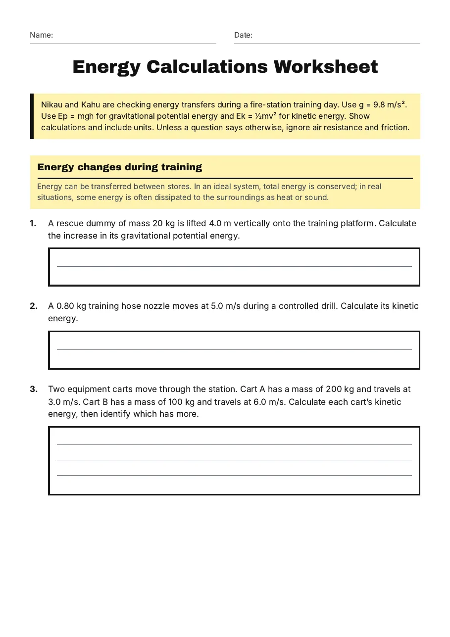 Energy Calculations Worksheet, page 1 of 3: Energy changes during training