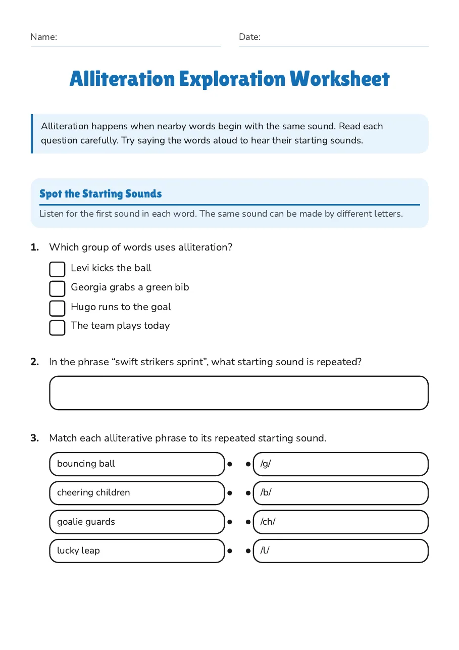 Alliteration Exploration Worksheet, page 1 of 3: Spot the Starting Sounds
