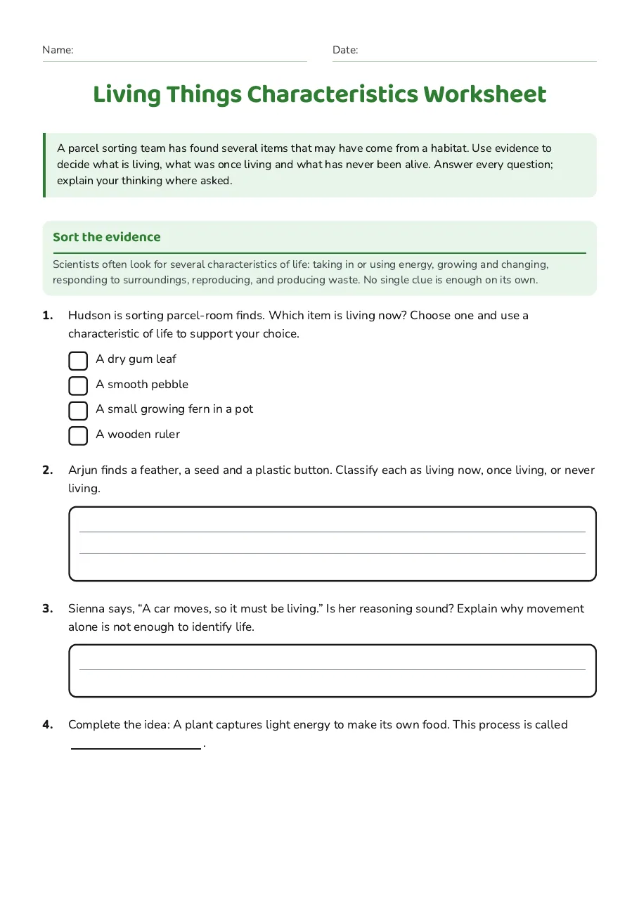 Living Things Characteristics Worksheet, page 1 of 3: Sort the evidence