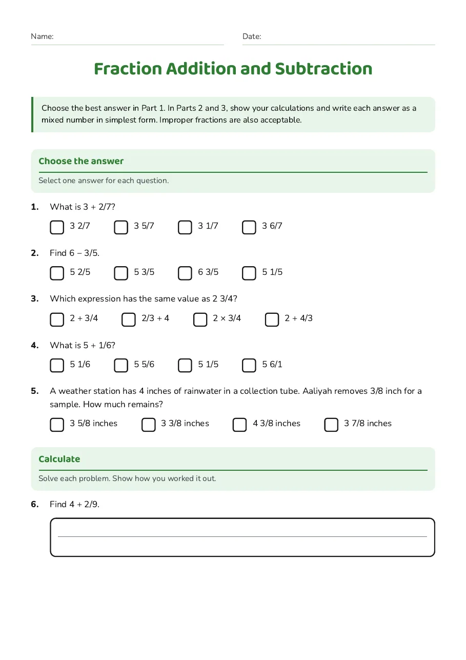 Fraction Addition and Subtraction, page 1 of 4: Choose the answer, Calculate