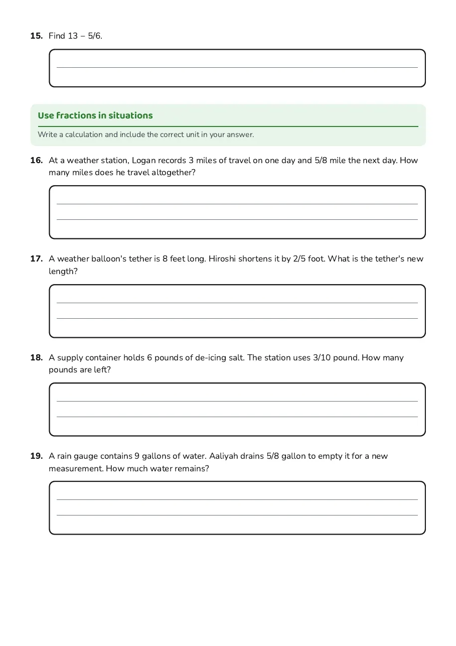 Fraction Addition and Subtraction, page 3 of 4: Use fractions in situations
