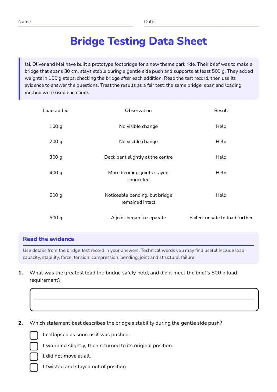 Bridge Testing Data Sheet, page 1 of 3: Read the evidence