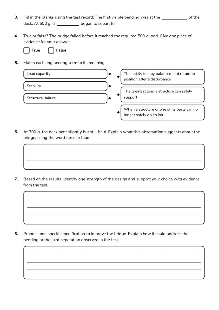 Bridge Testing Data Sheet, page 2 of 3: 3. Fill in the blanks using the test record: The first visible bending was at the of the