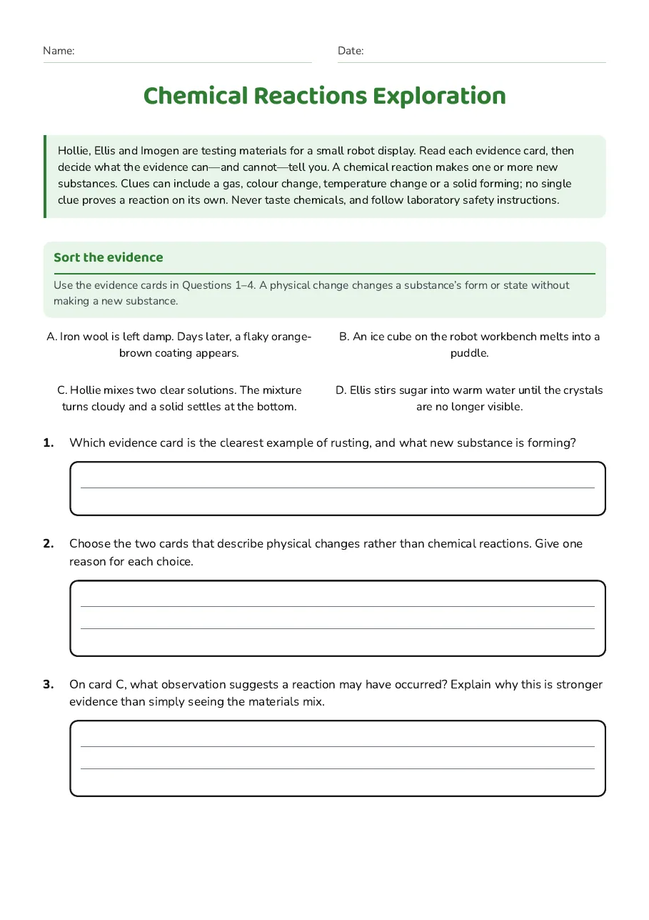 Chemical Reactions Exploration, page 1 of 3: Sort the evidence