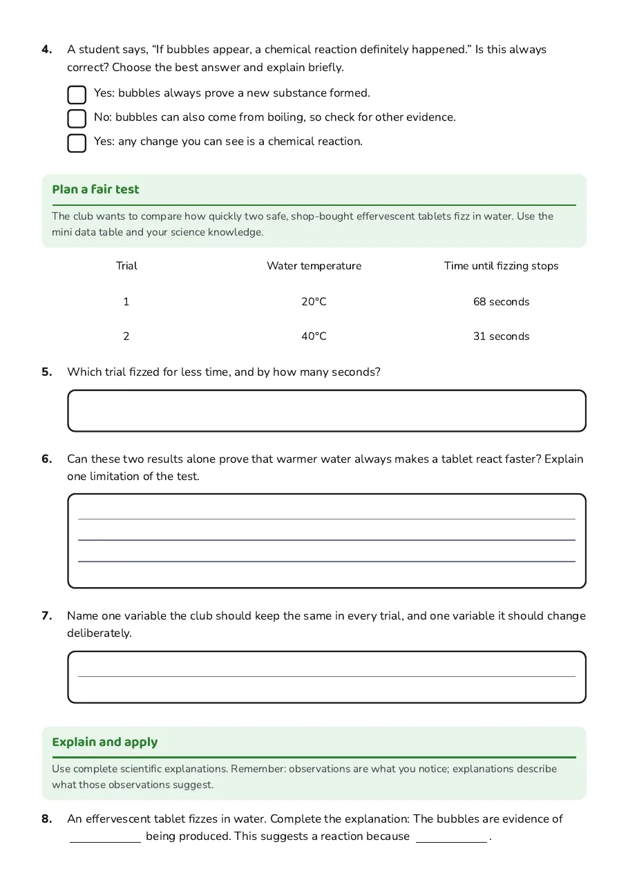 Chemical Reactions Exploration, page 2 of 3: Plan a fair test, Explain and apply